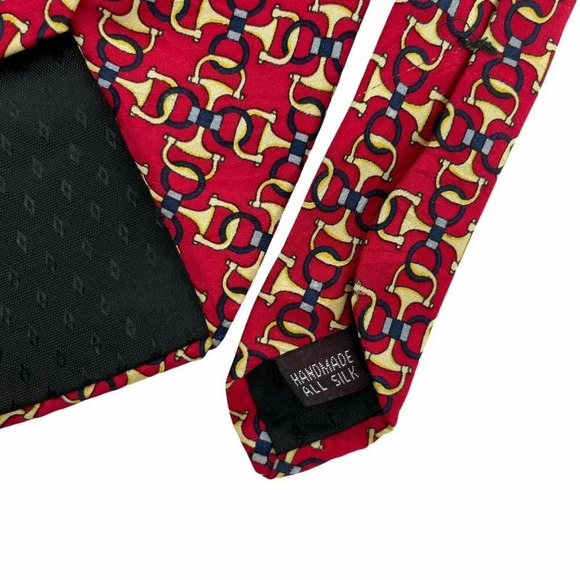 Cromley & Finch Necktie Men's Handmade Red Yellow Chain Pattern All Silk London - Picture 6 of 7